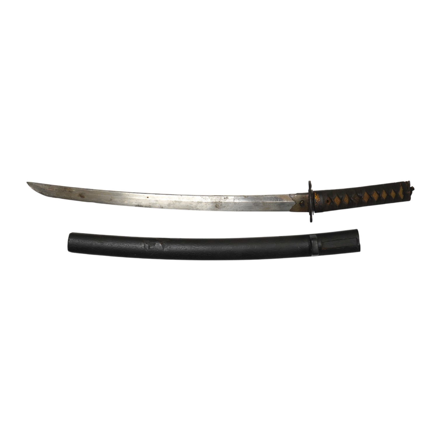 A Japanese short sword wakizashi, blade 42.5cm unsigned, iron mokko tsuba with inlaid details, tape bound same tsuka, with iron fuchi (kashira missing) in its black lacquered saya. Condition - poor to fair.